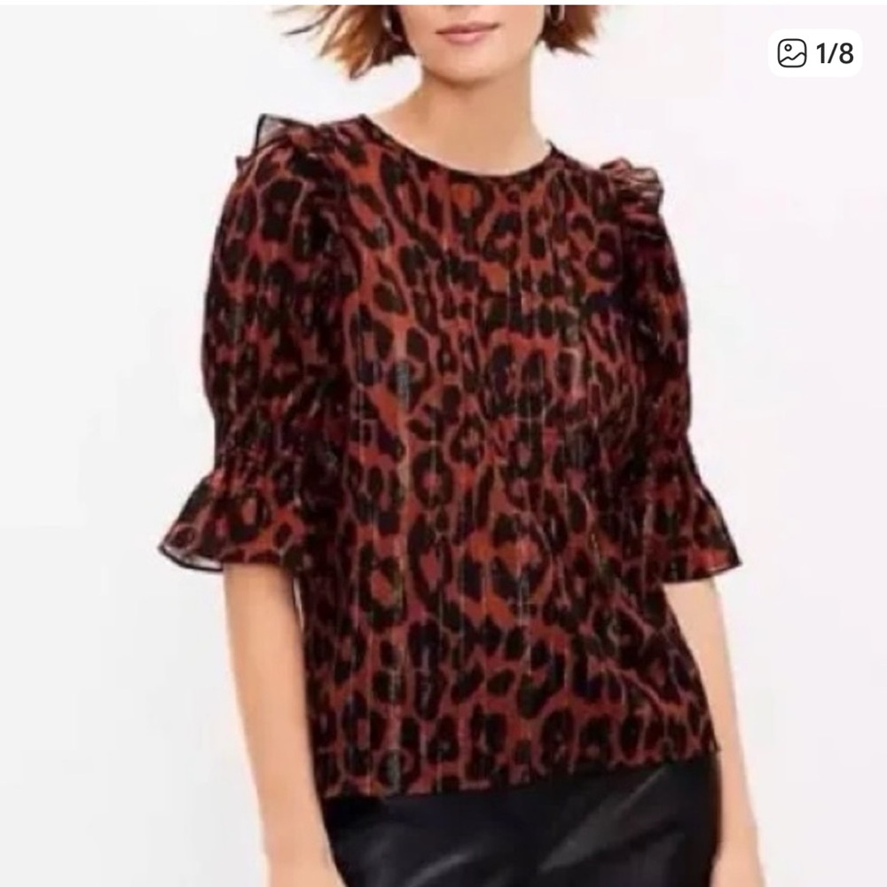 LOFT Brown and Black Animal Print Blouse with Ruffle Sleeves size S